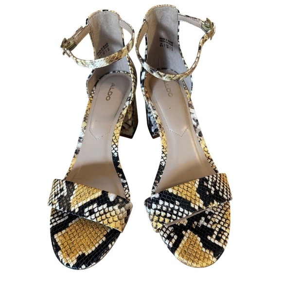 Aldo Block Heel Sandals Women 8.5 Yellow Black Snakeskin Ankle Strap EUC Bold - Picture 6 of 7